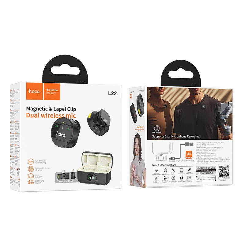 HOCO L22 Dual Wireless Lavalier Microphone | Magnetic & Clip-On Lapel Mic with ENC Noise Cancellation for iPhone, Android, YouTube, TikTok & Live Streaming