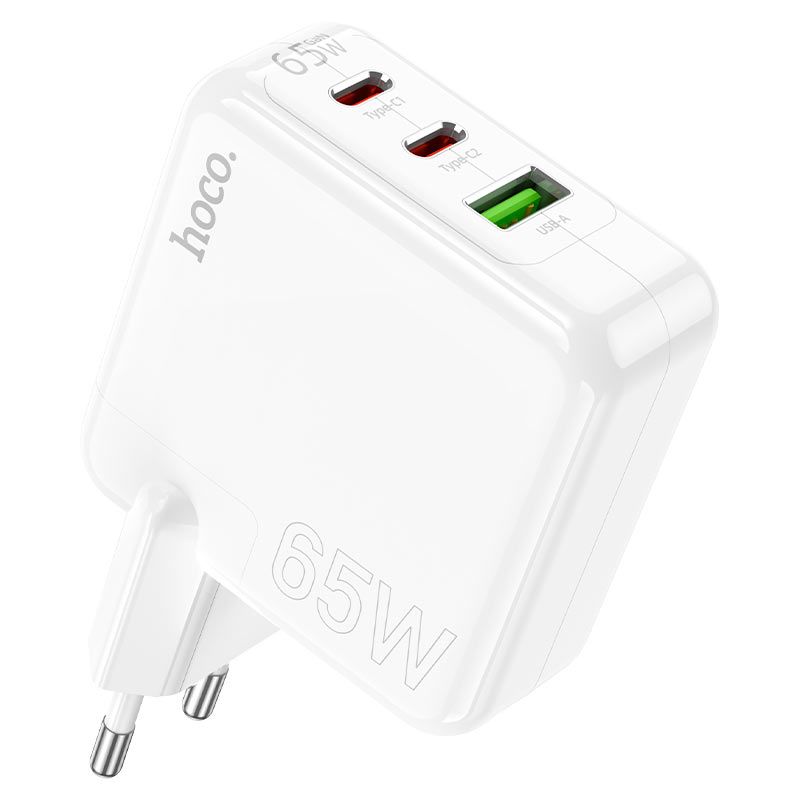 Hoco C115A 65W GaN PD Fast Wall Charger | 3-Port Dual USB-C & USB-A Adapter for Laptop, MacBook, iPhone & Android