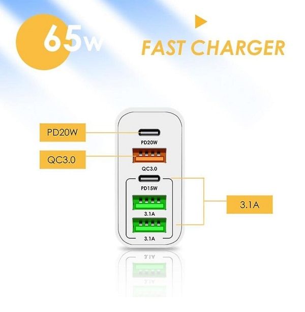 65W Fast Wall Charger with 5 USB Ports | 2 USB-C PD + 3 USB-A QC 3.0 Multi-Port Travel Charger (EU Plug)