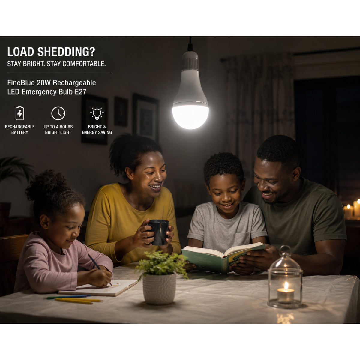 FineBlue 20W Rechargeable LED Emergency Bulb E27 Load Shedding Light – Cool White 6500K | 5 Pack