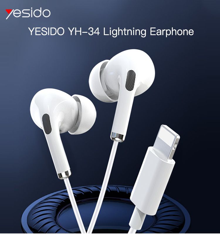 Yesido YH34 Heavy Bass Lightning Earphones with Microphone & Remote Control – Wired In-Ear Stereo Headset for iPhone