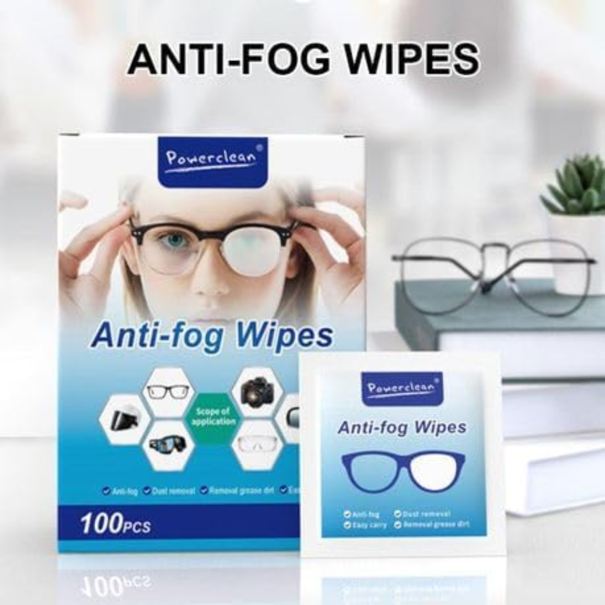 Powerclean Anti-Fog Lens Cleaning Wipes (100 Wipes × 5 Pack) | 500 Individually Wrapped Fog-Free Lens Cleaning Wipes for Glasses, Sunglasses, Camera Lenses, Phones, Laptops & Electronic Screens