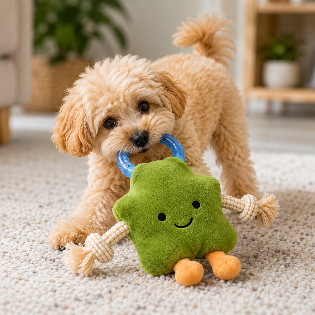 Rollopet Plush Dog Rope Toy with Teething Ring – Interactive Chew & Tug Toy
