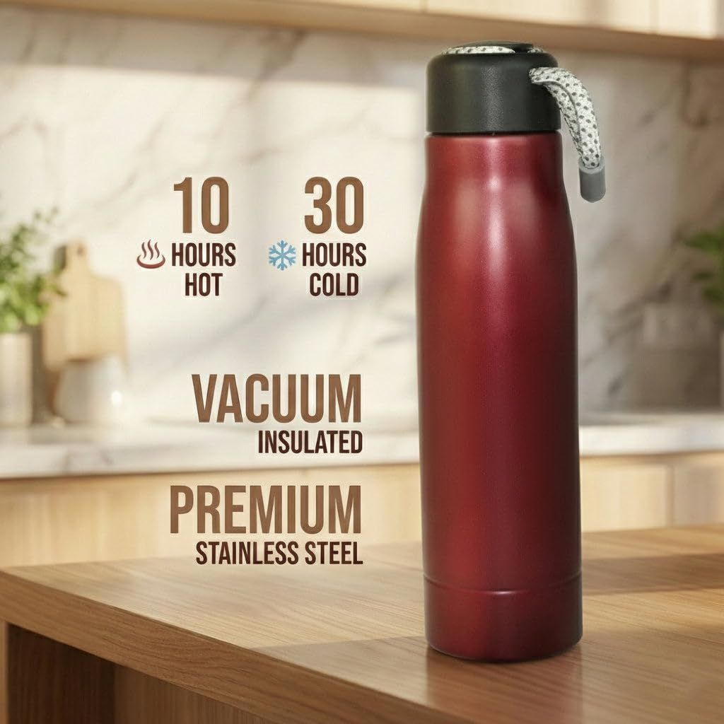 550ml Stainless Steel Vacuum Insulated Water Bottle with Strap | Double Wall Leakproof Flask | BPA Free Travel Bottle - Black