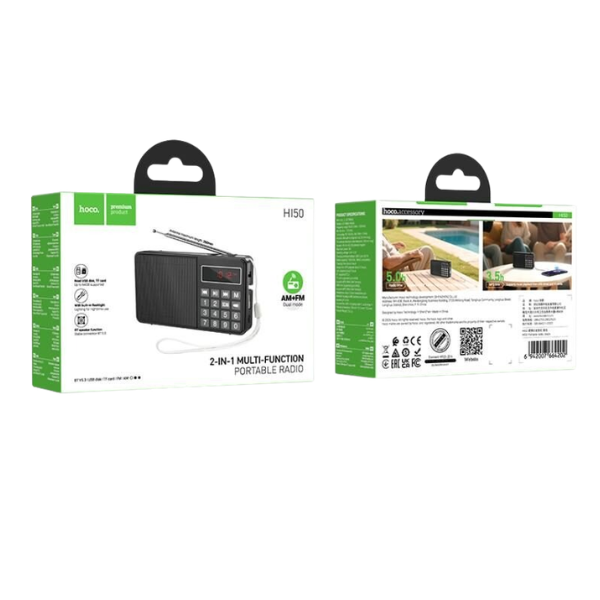 Hoco HI50 Portable AM/FM Radio & Bluetooth Speaker – Rechargeable 2-in-1 with USB, TF Card & Flashlight